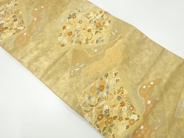 リサイクル　色紙に花鳥模様織出し袋帯